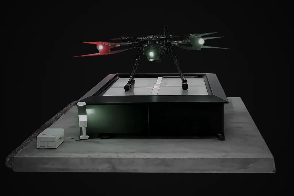 Drone landed on an AlgoPAD at night, status lights on